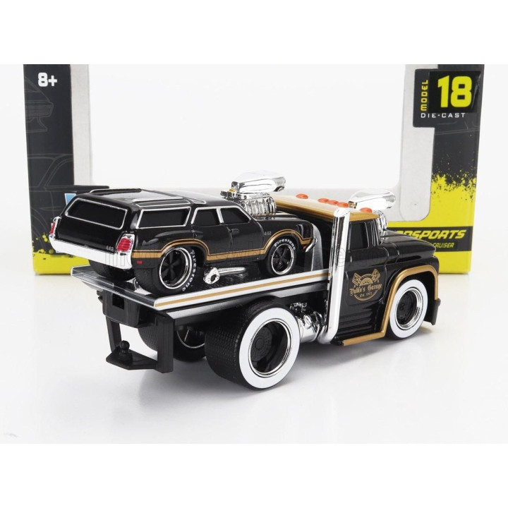 MAISTO CHEVROLET C-60 FLATBED CAR TRANSPORTER 1966 WITH OLDSMOBILE VISTA CRUISER CUSTOM 1970 - BLACK GOLD 1/64