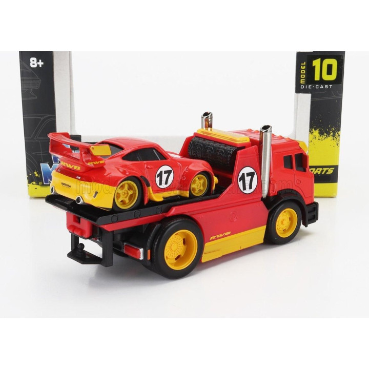 MAISTO TRUCK JDM FLATBED TRUCK CAR TRANSPORTER WITH PORSCHE 911 993 RWB CUSTOM 1996 - RED YELLOW 1/64