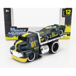 MAISTO FORD USA COE FLATBED TRUCK CAR TRANSPORTER 1965 WITH GT40 N 61 CUSTOM 1966 - GREEN MET YELLOW 1/64