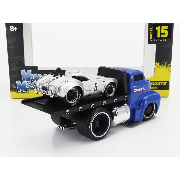 MAISTO FORD USA COE FLATBED TRUCK CAR TRANSPORTER 1965 WITH SHELBY COBRA N 6 CUSTOM 1964 - BLUE SILVER 1/64