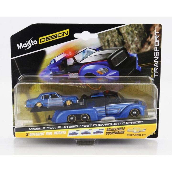 MAISTO TRUCK FLATBED RAMP TRUCK WITH CHEVROLET CAPRICE 1987 - BLUE BLACK 1/64