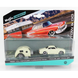 MAISTO VOLKSWAGEN KARMANN GHIA COUPE 1960 WITH TRAVEL TRAILER - CREAM 1/64