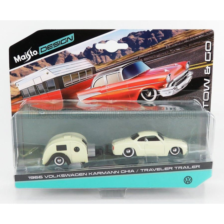 MAISTO VOLKSWAGEN KARMANN GHIA COUPE 1960 WITH TRAVEL TRAILER - CREAM 1/64