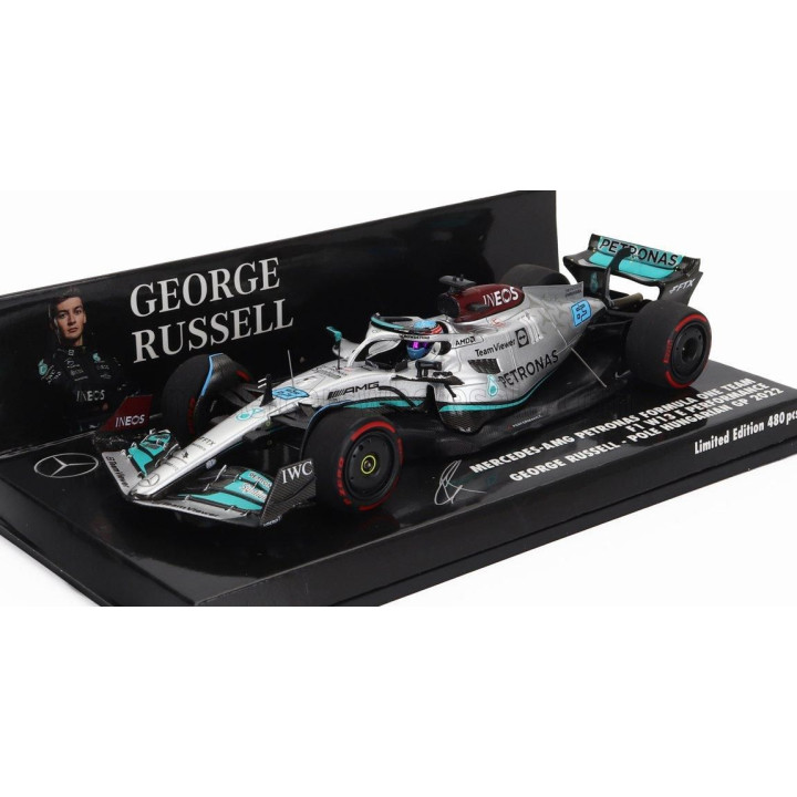 MINICHAMPS MERCEDES GP F1 W13E TEAM MERCEDES-AMG PETRONAS F1 N 63 POLE POSITION HUNGARIAN GP 2022 GEORGE RUSSELL - SILVER GREEN 