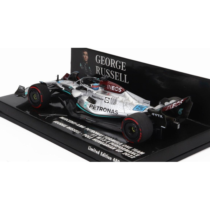 MINICHAMPS MERCEDES GP F1 W13E TEAM MERCEDES-AMG PETRONAS F1 N 63 POLE POSITION HUNGARIAN GP 2022 GEORGE RUSSELL - SILVER GREEN 