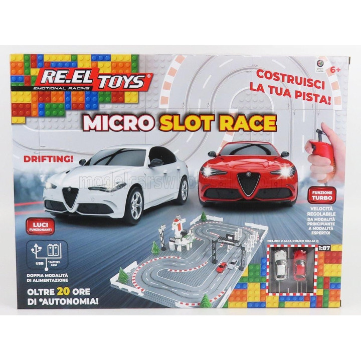 RE EL TOYS ALFA ROMEO OTTIMO REGALO DI NATALE - PISTA COMPONIBILE- WITH  2x GIULIA QUADRIFOGLIO SLOT CARS - LEGO COMPATIBILE 1/8