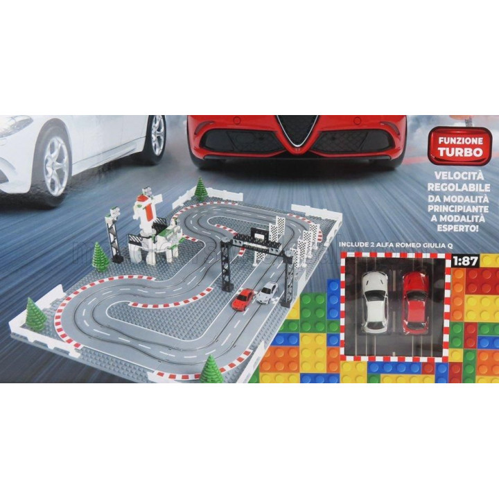 RE EL TOYS ALFA ROMEO OTTIMO REGALO DI NATALE - PISTA COMPONIBILE- WITH  2x GIULIA QUADRIFOGLIO SLOT CARS - LEGO COMPATIBILE 1/8