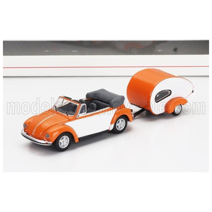 SCHUCO VOLKSWAGEN BEETLE CABRIOLET WITH CARAVAN TRAILER 1960 - ORANGE WHITE 1/87