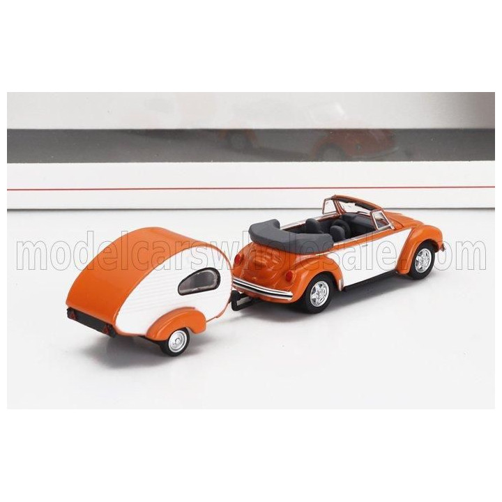 SCHUCO VOLKSWAGEN BEETLE CABRIOLET WITH CARAVAN TRAILER 1960 - ORANGE WHITE 1/87
