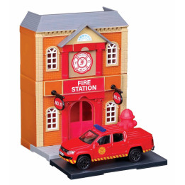 BURAGO ACCESSORIES DIORAMA - SET FIRE STATION WITH VOLKSWAGEN AMAROK PICK-UP 2009 - RED 1/43