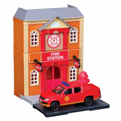BURAGO ACCESSORIES DIORAMA - SET FIRE STATION WITH VOLKSWAGEN AMAROK PICK-UP 2009 - RED 1/43
