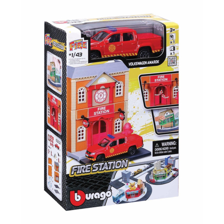 BURAGO ACCESSORIES DIORAMA - SET FIRE STATION WITH VOLKSWAGEN AMAROK PICK-UP 2009 - RED 1/43