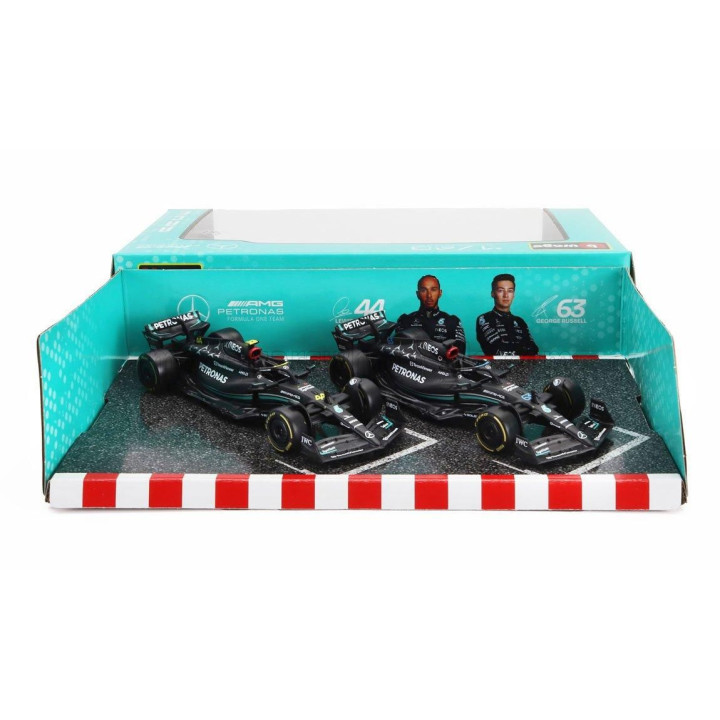 BURAGO MERCEDES GP SET F1 2X W14 TEAM MERCEDES-AMG PETRONAS FORMULA ONE N 44 SEASON 2023 LEWIS HAMILTON + N 63 SEASON 2023 GEORG