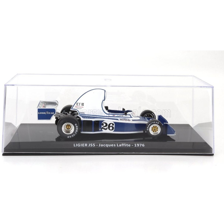 EDICOLA LIGIER F1  JS5 N 26 SEASON 1976 JACQUES LAFFITE - CON VETRINA - WITH SHOWCASE - LIGHT BLUE WHITE 1/24