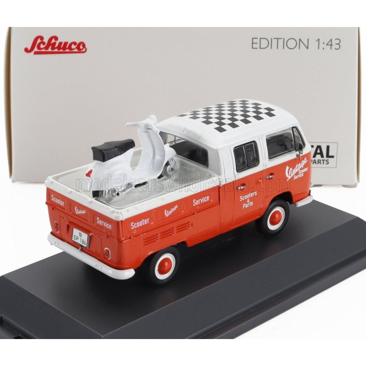 SCHUCO VOLKSWAGEN T2 DOUBLE CABINE PICK-UP 1962 WITH VESPA GS - RED WHITE 1/43