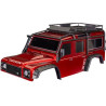 Traxxas karosérie TRX-4 Land Rover Defender červená (bezsponková). Kompletní, nabarvená. Včetně střešního nosiče, maket kanystrů, heveru a rezervního kola. Rozvor 324 mm. Určeno pro montáž na blatníky TRA8080R.