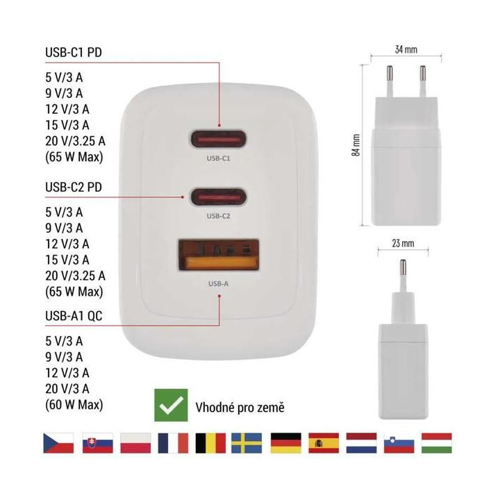 Síťový USB adaptér (zdroj) GaN PD 65W