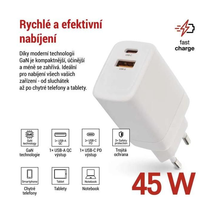 Síťový USB adaptér (zdroj) GaN PD 45W