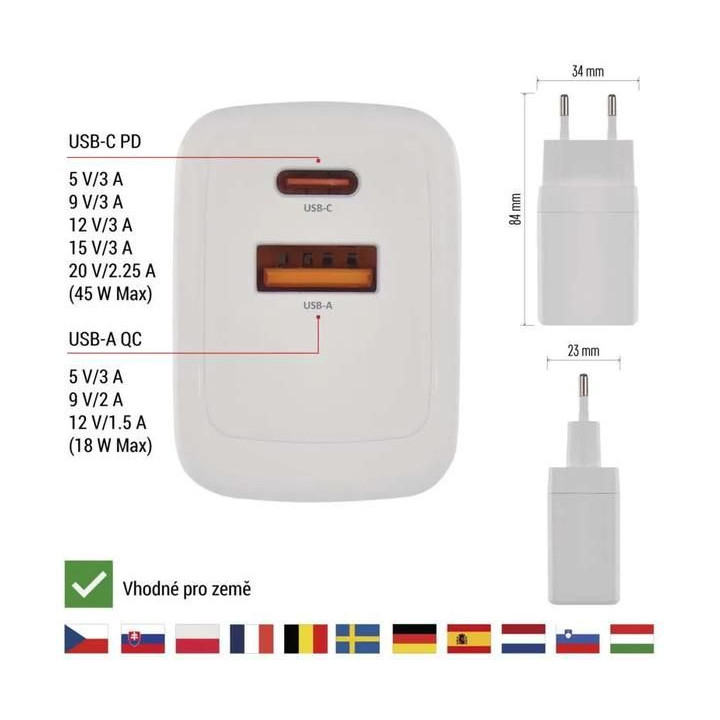 Síťový USB adaptér (zdroj) GaN PD 45W