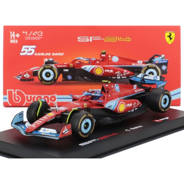 BURAGO FERRARI F1  SF-24 TEAM SCUDERIA FERRARI N 55 5th MIAMI GP 2024 CARLOS SAINZ - WITH PILOT AND SHOWCASE - RED BLACK LIGHT B