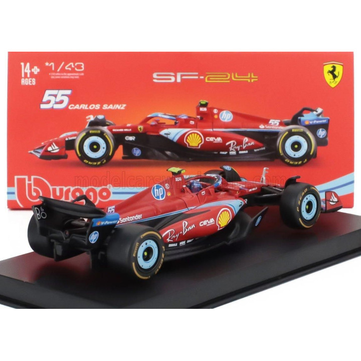 BURAGO FERRARI F1  SF-24 TEAM SCUDERIA FERRARI N 55 5th MIAMI GP 2024 CARLOS SAINZ - WITH PILOT AND SHOWCASE - RED BLACK LIGHT B