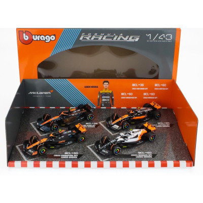 BURAGO McLAREN F1  SET 4X - TEAM MCLAREN MCL36 N 4 ABU DHABI GP 2022 - MCL60 N 4 SINGAPORE GP - MONACO GP - BRITISH GP 2023 LAND
