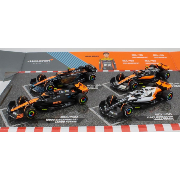 BURAGO McLAREN F1  SET 4X - TEAM MCLAREN MCL36 N 4 ABU DHABI GP 2022 - MCL60 N 4 SINGAPORE GP - MONACO GP - BRITISH GP 2023 LAND