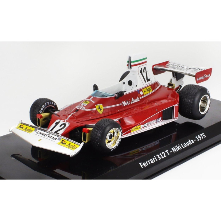 EDICOLA FERRARI F1 312T TEAM FERRARI SEFAC N 12 WORLD CHAMPION SEASON 1975 NIKI LAUDA - CON VETRINA - WITH SHOWCASE - RED WHITE 