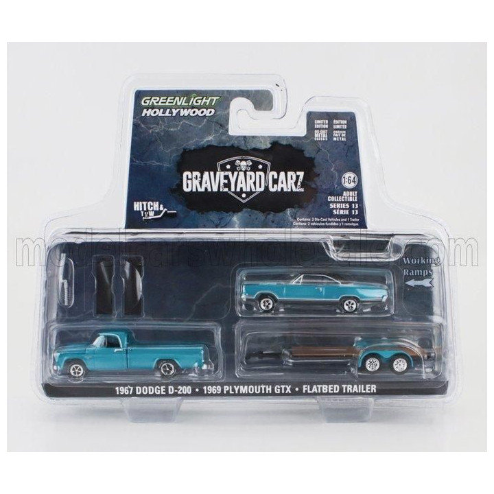 GREENLIGHT DODGE D-200 PICK-UP 1967 WITH TRAILER + GTX COUPE 1969 - GRAVEYARD CARZ - BLUE MET 1/64