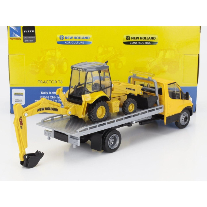 NEWRAY IVECO FIAT DAILY ROLL-OFF PIANALE 2023 WITH NEW HOLLAND B110C RUSPA GOMMATA - SCRAPER TRACTOR - YELLOW BLACK 1/36