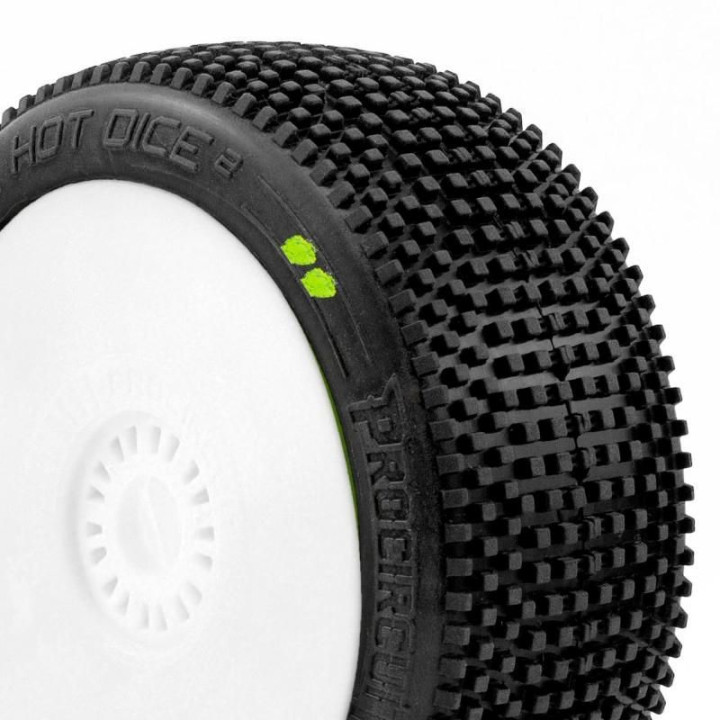 HOT DICES V2 BUGGY S2 (SOFT) nalepené pneumatiky, bílé disky, 2 ks.