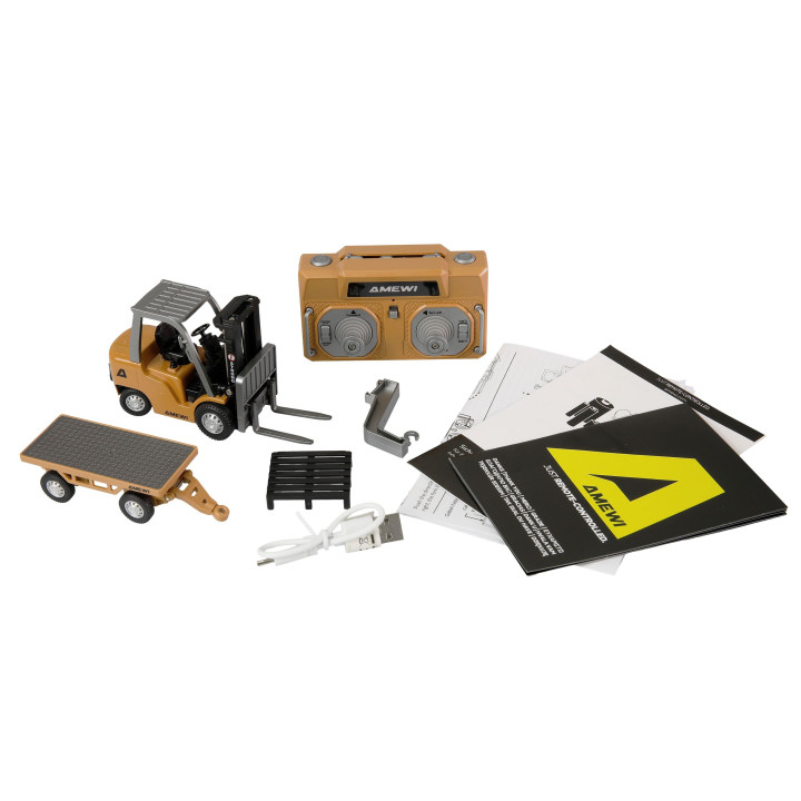 Mini vysokozdvižný vozík 1:64 kovový s prívesom – 8-kanál RTR