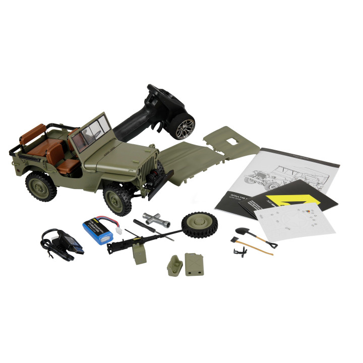 Jeep Willys MB 1:14 RTR – kovové šasi, 4WD, 2-rýchlosti, LED svetlá