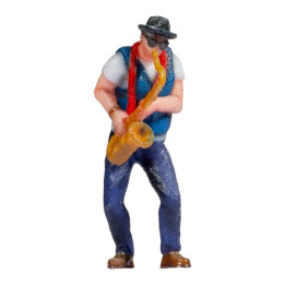 Detailná figúrka NOCH saxofonistu v mierke H0 (1:87), vyrobená farebným 3D tlačou. Stojaca postava s autentickým jazzovým štýlom