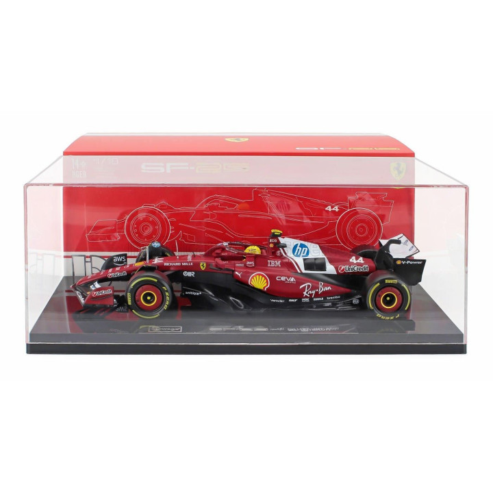 BURAGO FERRARI WITH SHOWCASE - F1  SF-25 TEAM SCUDERIA FERRARI HP N 44 SEASON 2025 LEWIS HAMILTON - RED 1/18
