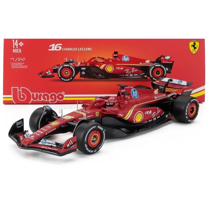 BURAGO FERRARI F1  SF-24 TEAM SCUDERIA FERRARI N 16 WINNER MONACO GP 2024 CHARLES LECLERC - WITH PILOT AND SHOWCASE - RED BLACK 