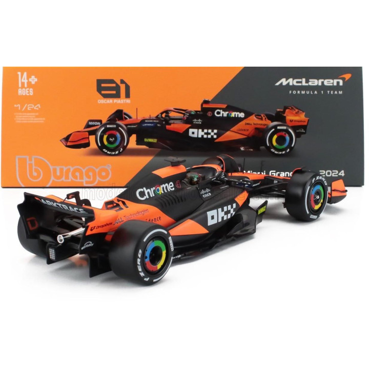 BURAGO McLAREN F1  MCL38 TEAM MCLAREN N 81 MIAMI GP 2024 OSCAR PIASTRI - WITH PILOT AND SHOWCASE - ORANGE BLACK 1/24