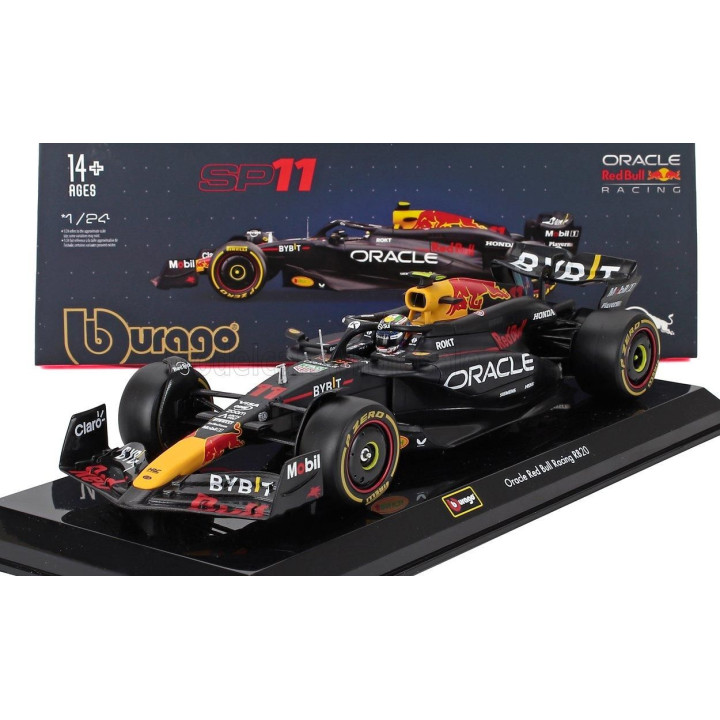 BURAGO RED BULL F1  RB20 TEAM ORACLE RED BULL RACING N 11 SEASON 2024 SERGIO PEREZ - WITH PILOT AND SHOWCASE - BLUE YELLOW RED 1