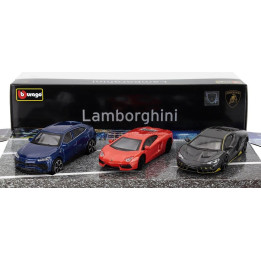 BURAGO LAMBORGHINI SET 3X URUS 2018 + AVENTADOR 2018 + CENTENARIO LP770-4 2016 - GREY RED BLUE 1/43