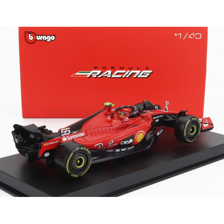 BURAGO FERRARI F1  SF-23 TEAM SCUDERIA FERRARI N 55 SEASON 2023 CARLOS SAINZ - WITH PILOT AND SHOWCASE - EXCLUSIVE CARMODEL - RE