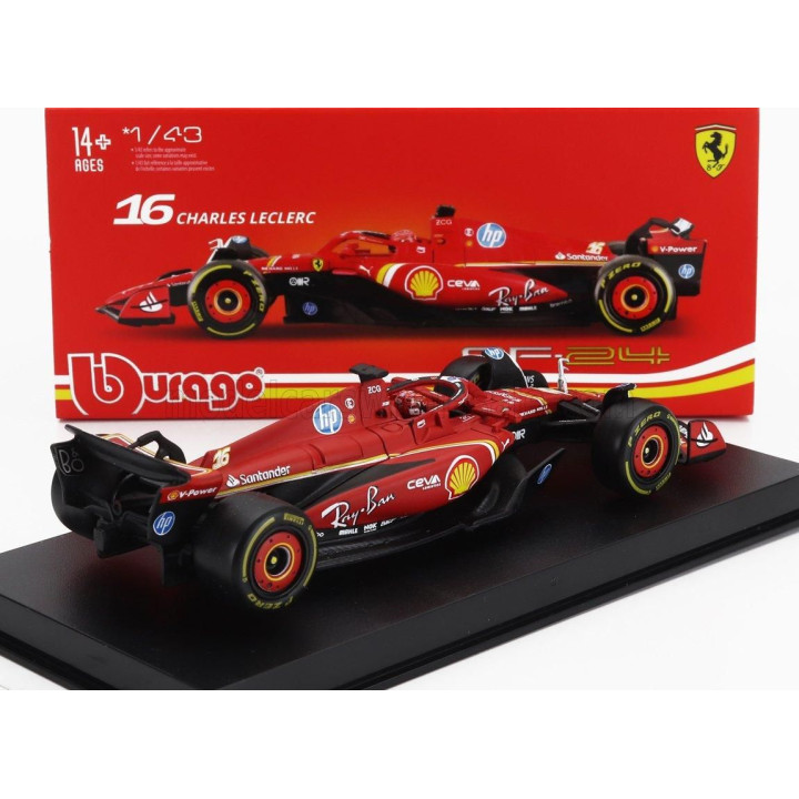 BURAGO FERRARI F1  SF-24 TEAM SCUDERIA FERRARI N 16 4th EMILIA ROMAGNA IMOLA GP 2024 CHARLES LECLERC - WITH PILOT AND SHOWCASE -