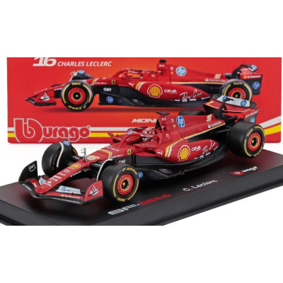 BURAGO FERRARI F1  SF-24 TEAM SCUDERIA FERRARI N 16 WINNER MONACO GP 2024 CHARLES LECLERC - WITH PILOT AND SHOWCASE - RED BLACK 