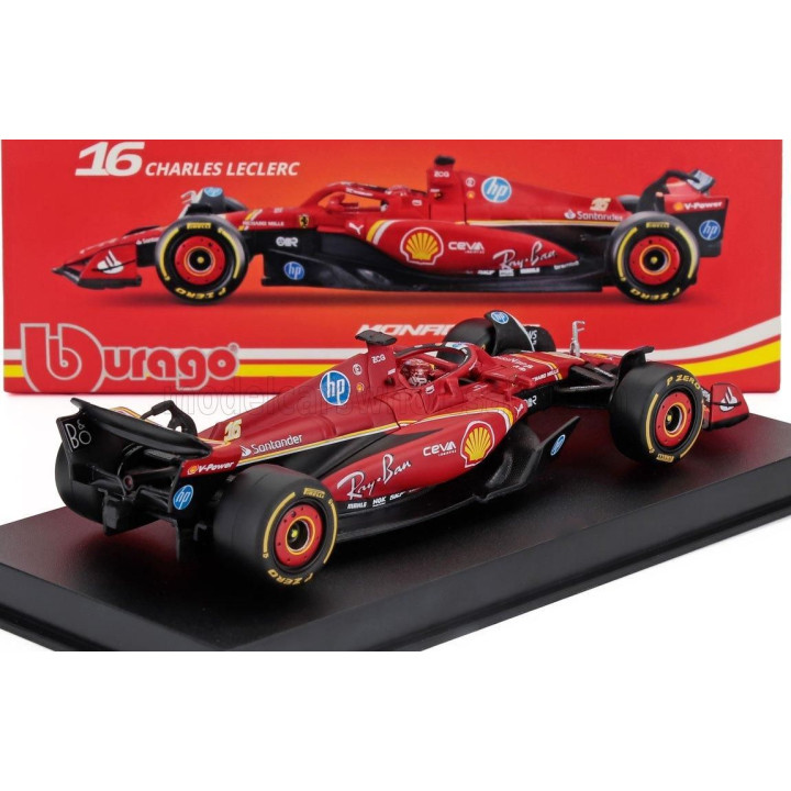 BURAGO FERRARI F1  SF-24 TEAM SCUDERIA FERRARI N 16 WINNER MONACO GP 2024 CHARLES LECLERC - WITH PILOT AND SHOWCASE - RED BLACK 