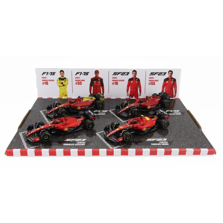 BURAGO FERRARI SET F1 4X SF-23 TEAM SCUDERIA FERRARI N 16 SEASON 2023 CHARLES LECLERC - N 55 POLE POSITION 3rd MONZA ITALY GP 20