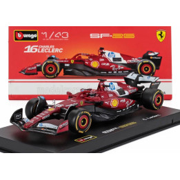 BURAGO FERRARI F1  SF-25 TEAM SCUDERIA FERRARI HP N 16 SEASON 2025 CHARLES LECLERC - WITH PILOT AND SHOWCASE - RED 1/43