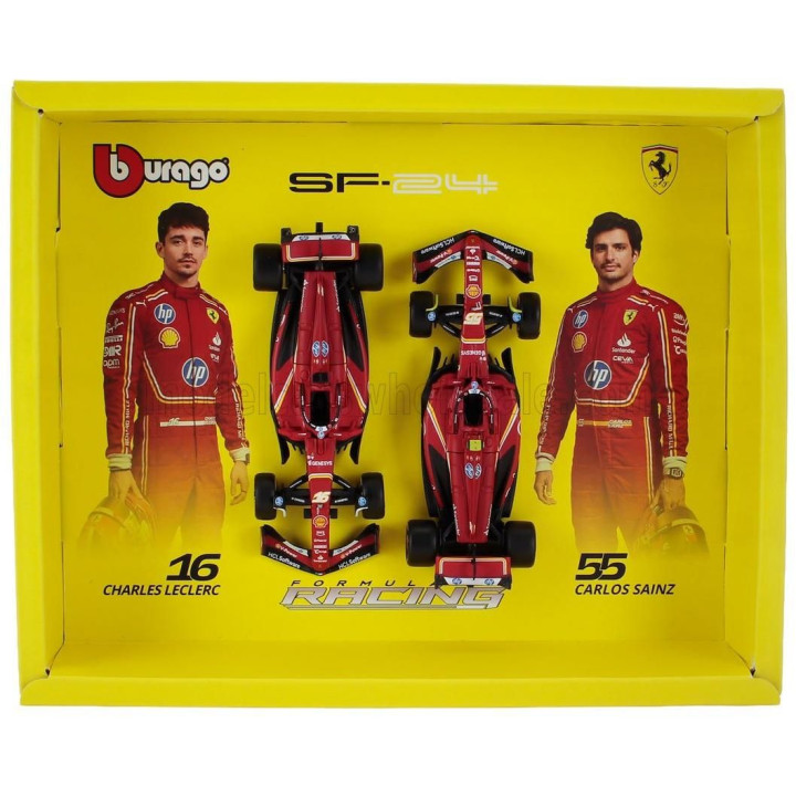 BURAGO FERRARI SET F1  2X SF-24 TEAM SCUDERIA FERRARI N 16 SEASON 2024 CHARLES LECLERC + N 55 CARLOS SAINZ - RED BLACK 1/43