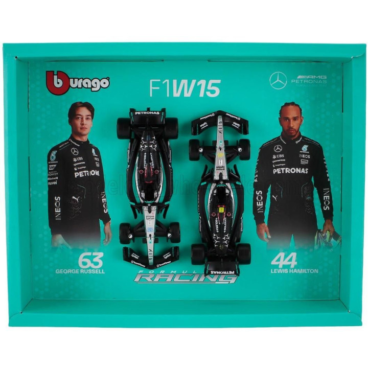 BURAGO MERCEDES GP SET F1  2X W15 TEAM MERCEDES-AMG PETRONAS FORMULA ONE N 44 SEASON 2024 LEWIS HAMILTON + N 63 GEORGE RUSSELL -