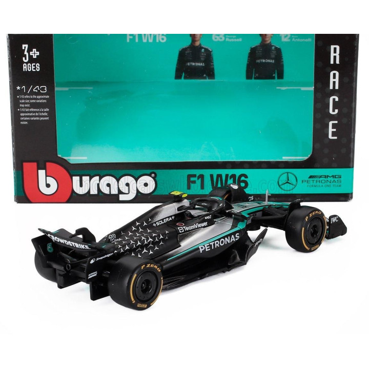 BURAGO MERCEDES GP F1  W16 TEAM AMG PETRONAS MOTORSPORT N 12 SEASON 2025 ANDREA KIMI ANTONELLI - BLACK SILVER GREEN 1/43