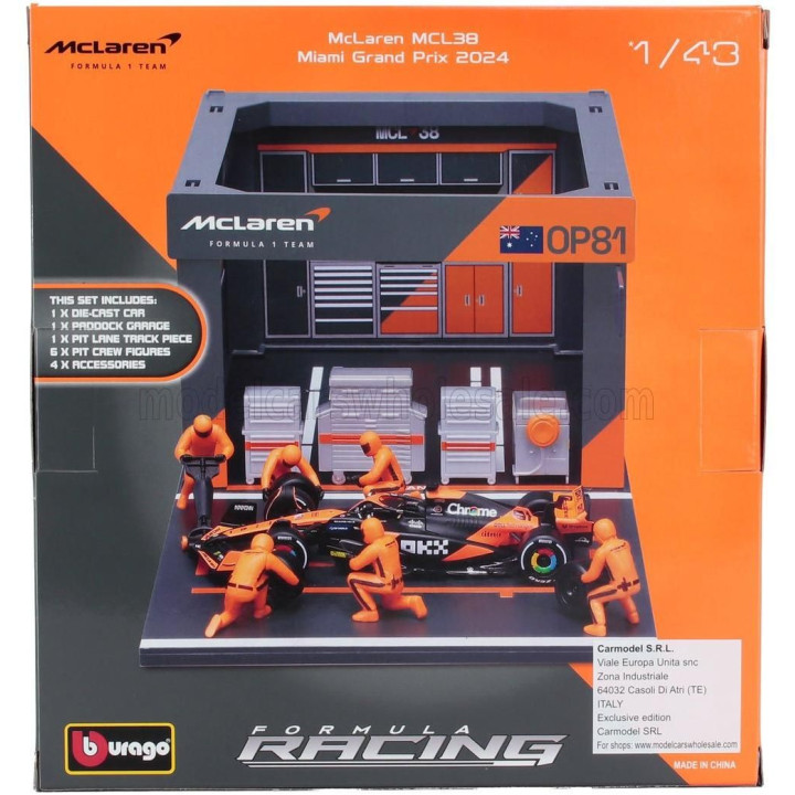 BURAGO McLAREN F1  MCL38 DIORAMA GARAGE PIT-STOP TEAM MCLAREN N 81 SEASON 2024 OSCAR PIASTRI WITH CREW FIGURE AND ACCESSORIES - 