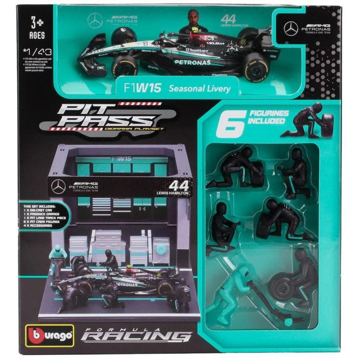 BURAGO MERCEDES GP F1  W15 EQ PERFORMANCE DIORAMA GARAGE PIT-STOP TEAM AMG PETRONAS MOTORSPORT N 44 SEASON 2024 LEWIS HAMILTON W